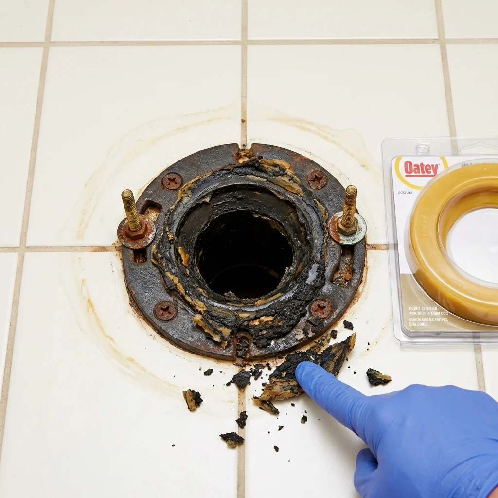 Failed wax ring showing water seepage at the base of a toilet in a Geneva, IL home