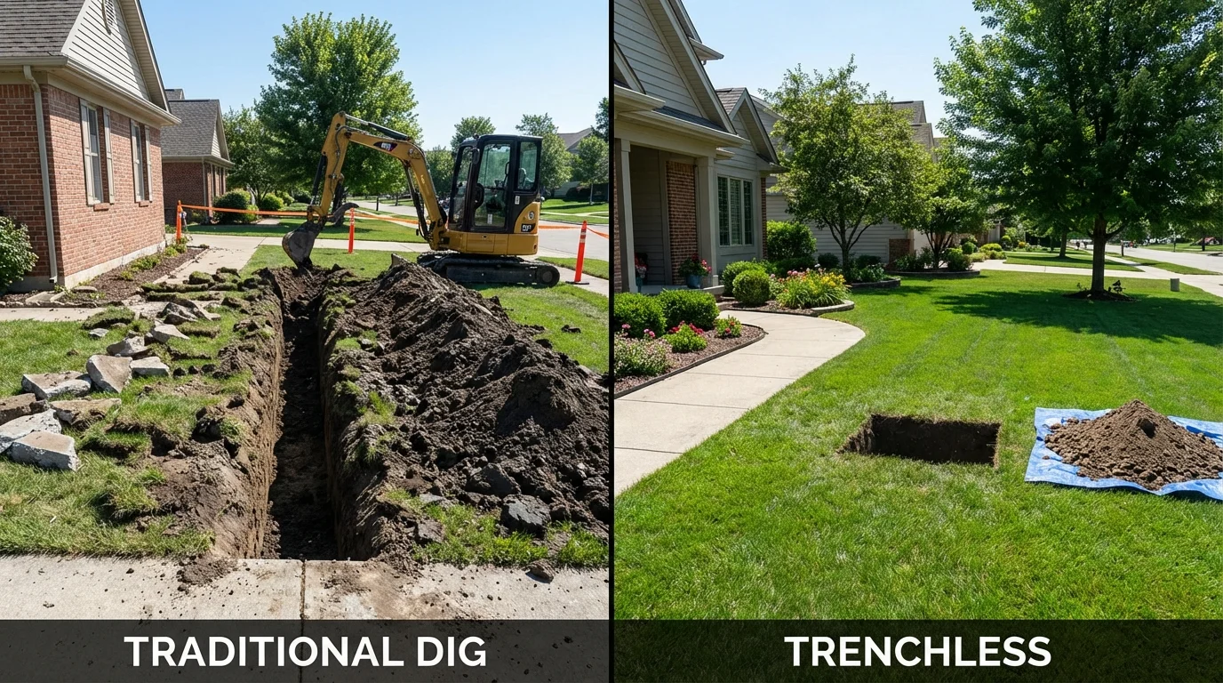 Trenchless sewer repair with minimal yard damage versus traditional excavation in Geneva, IL