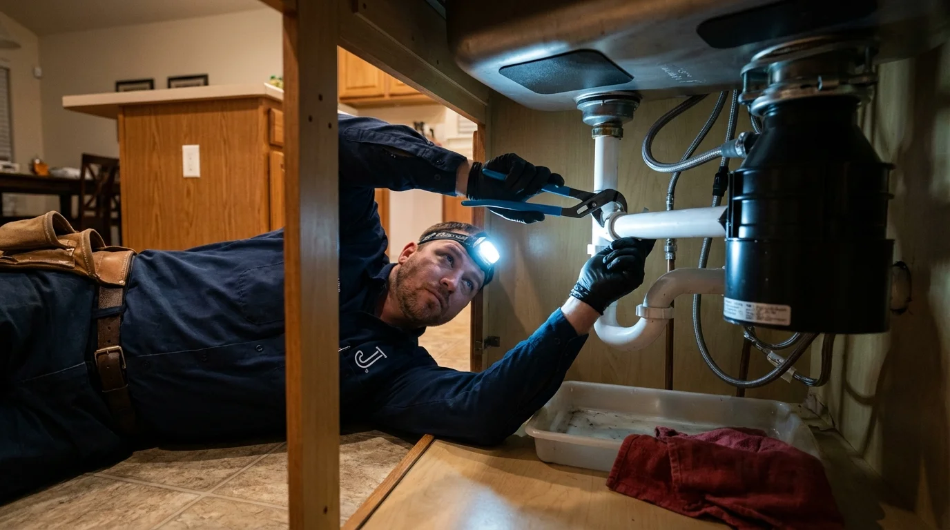 P-trap and supply line connections under a kitchen sink showing a common leak point in Geneva, IL